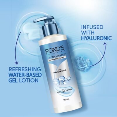 POND'S HYDRA MIRACLE BODY GEL LOTION, WATER-BASED, NON - OILY, NON- STICKY WITH HYALURONIC ACID, QUICK ABSORBING, LIGHT FOR ALL SKIN TYPES - 180ML