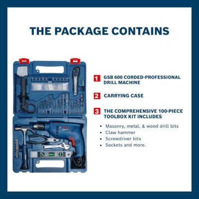 BOSCH GSB 600 Corded Electric Impact Drill, 100Pcs Accessory Set | 600 W Motor | Speed of 3000 RPM | Rated Torque of 1.4 Nm | Impact rate of 48000 BPM | Double Insulation | 1 Year Warranty