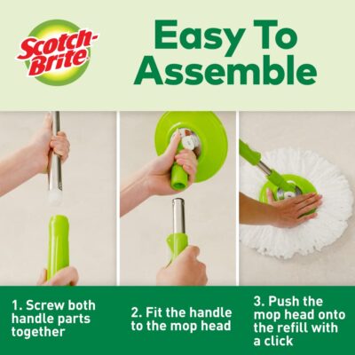 Scotch-Brite 2-in-1 Bucket Spin Mop (Green) with 2 Refills | Twin Bucket System | 360° Telescopic Handle | Easy Wring & Rinse | 4 Pcs Set
