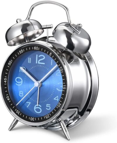 Analog Alarm Clock for Heavy Sleepers Loud Clock for Adults, Metal 4 Inches Twin Bell Table Clock with Backlight Alarm Clocks for Students Decoration Bedroom/Office (Blue Silver)