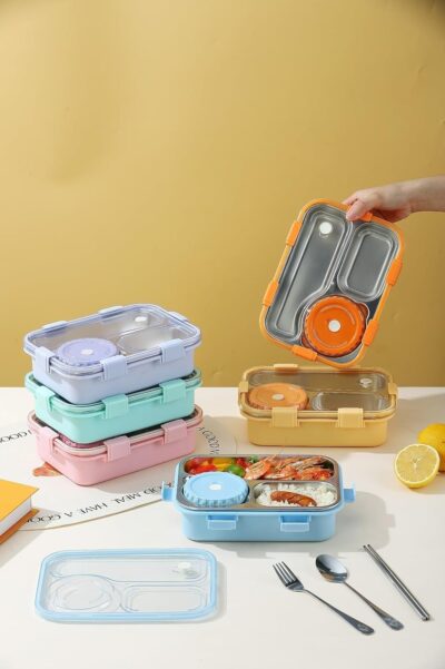 TEC TAVAKKAL 3-Compartment Leak-Proof Lunch Box | 750 ml | BPA-Free Stainless Steel Tiffin for Kids