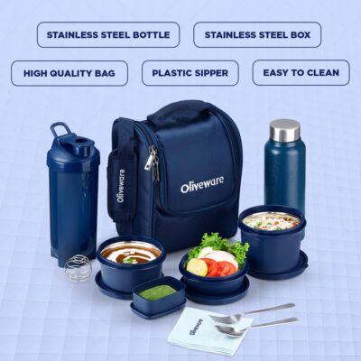 Oliveware Teso Fuel Meal Combo Lunch Box Set | 3 Containers (290 ml, 450 ml, 600 ml) + Pickle Box (130 ml) + Steel Bottle (750 ml) + Sipper (750 ml) + Cutlery & Napkin | Leak-Proof, Portable Lunch Bag