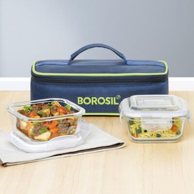 Borosil Klip n Store Lunchbox with Bag | 2 × 320 ml Square Borosilicate Glass Containers | Leak-Proof, Airtight, Microwave & Dishwasher Safe Tiffin – Made in India