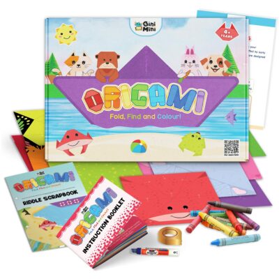 Gini Mini Origami – Fold, Find & Color! DIY Craft Kit for Kids 4 5 6 Years | 20 Origami Sheets, Riddle Scrapbook, Crayons, Ribbon, Fevicol & More | Paper Folding Art & Return Gift for Boys & Girls