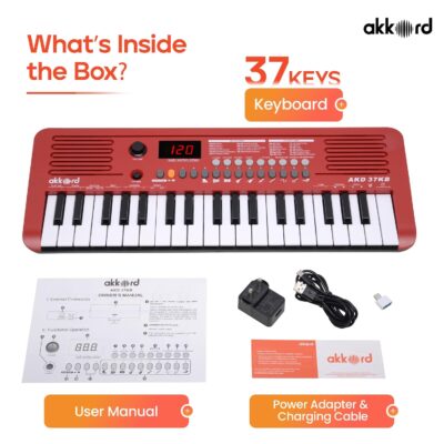 Akkord 37 Keys Music Keyboard – Red Edition | MIDI USB-C, Touch Response, 200 Rhythms, Tones & 40 Demos, LED Display, Portable Beginner Piano Compatible with GarageBand.