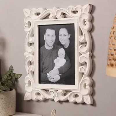 Duadecor Hand-Carved Wooden Photo Frame – 27x22 cm, Distressed White Finish