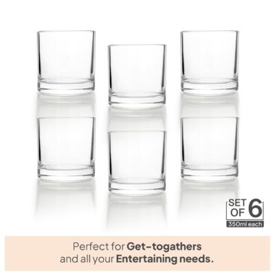 CELLO Liberty DR Tumbler Glass Set of 6, 350ml Each | Dishwasher Safe | Comfortable Grip & Stackable | Perfect Glasses for Drinking Water, Juice, Cocktail, Cold Drinks | for Daily Use & Gifting