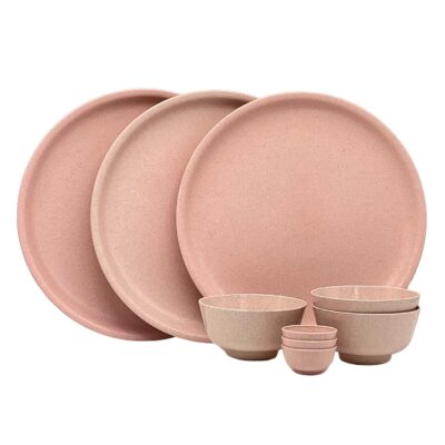 Happy Cove Eco-Friendly Dinner Set – 9 Pcs | Rice Husk & Bamboo Fibre | Microwave Safe (Chroma Pink)