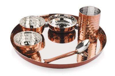 Silverglow Hammered Copper-Plated Stainless Steel Dinner Set – 6 Pcs | Luxury Thali Set for Dining & Gifting