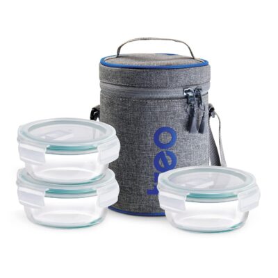 Treo by Milton All Fresh Borosilicate Glass Lunch Box Set of 3, Clear, 400 ml Each with Durable Lunch Bag, Microwave & Dishwasher Safe, Leakproof Containers, Office Tiffin