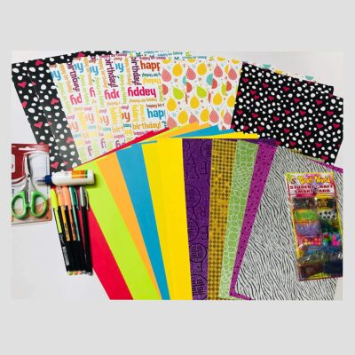 Economical Store 91 50 Pcs DIY Card Making Kit 12 Printed Sheets 10 Coloured A4 Size Sheets 5,Glue, Scissors, 5 Glitter Pens, 12 Packets of Decoration Materials Craft Kit Creative Hobby for Kids