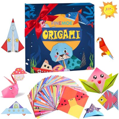 FINEMOE 108 Origami Paper with Instruction Book for Kids - Craft Paper Sheets with 54 Design, 18x18 cm DIY Art Color Paper for Craft Kit Set, Origami Sheets Activity, Birthday Gift for Girls & Boys