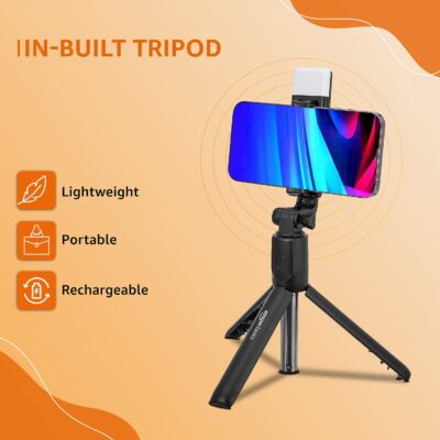 Amazon Basics Bluetooth Extendable Selfie Sticks with Wireless Remote, Light & Tripod Stand, Compatible with iPhone/OnePlus/Samsung/Oppo/Vivo and All Phones,