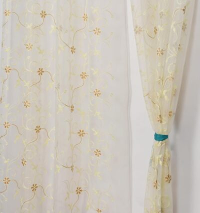 Floral Pattern Embroidery Tissue Net Sheer Transparent Curtains for Door 7 feet Long Set of 2, White