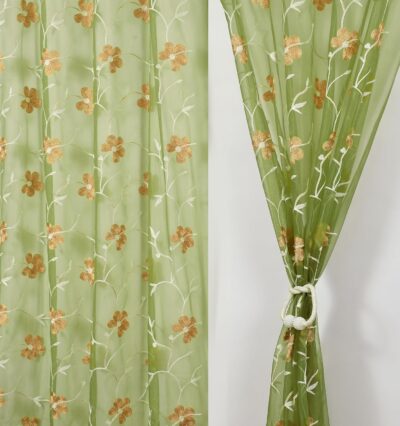 Homefab India Embroidery Floral Net Transparent Sheer Curtain - 7X4 Feet, Door Curtains, Green, Pack of 2 Pcs
