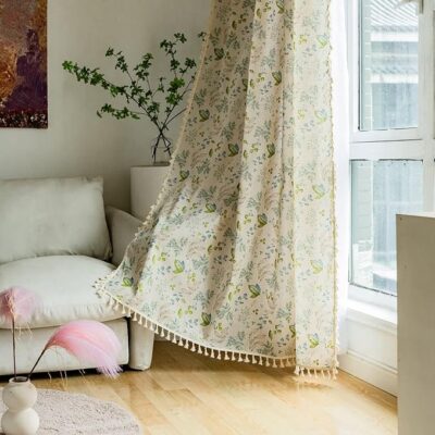 HUESLAND Cotton Curtains 7 feet Long for Door, 1 Bohemian Grommets Eyelets Curtains (Door 7 x 4 ft, Green Leaf Floral)