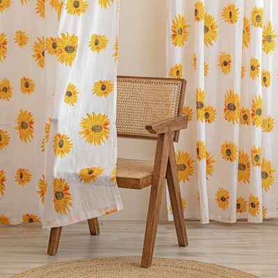 HOMEMONDE Light Filtering Window 5 Feet Grommet Curtains Set of 2- Printed Sheer Linen Curtain for Living Room Decoration, White Sun Flower Drapes, 60 Inches
