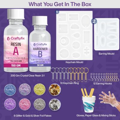Craftyfix Resin Art Kit with Moulds – Complete Resin Jewellery Making Kit for Keychains & Earrings – 200g 3:1 Epoxy Resin, 6 Glitter Colors, Gold & Silver Flakes, Mixing Cup & Gloves
