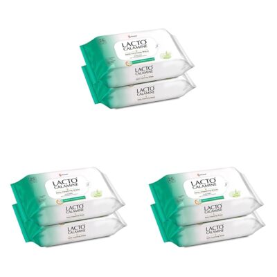 Lacto Calamine Daily Cleansing Facial Wipes 25N Each - Pack of 6 | Wet Wipes for Face with Aloe Vera, Cucumber & Vitamin E | Makeup Remover Wipes| Hydrating,Refreshing, Soothing|Paraben & Alcohol Free