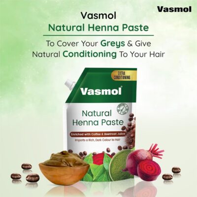 Vasmol Henna 100% Pure Henna Powder (Mehendi), 500gms I For Grey Hair Coverage, Hair Conditioning & Nourishment I For Mehndi designs on Hands and Feet I For Hair Colour I Suitable for Men and Women