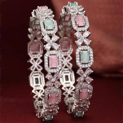 ZENEME Rhodium-Plated Silver Toned American Diamond Square Shaped studded Bangle Jewellery Set for Girls and Women (Set Of 2)