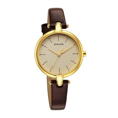 Sonata Gold Edit Champagne Dial Women Analog Watch With Leather Strap-Nr87043Yl02W