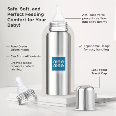 Mee Mee Baby Steel Feeding Bottle 240ml | Baby Milk Bottle with Advanced Anti Colic Valve, BPA Free, Soft Silicone Teat, Wide Neck for Babies/Infants/Newborns of 0-2 Years