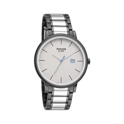 Sonata Quartz Analog with Date Stainless Steel Strap Watch for Men-NS7131KM02