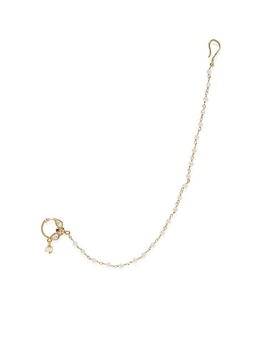 Gold Plated Traditional and Ethnic Ruby Kundan Embellished Delicate Clip On/Non-Piercing Nose Ring/Nathani with Pearl Chain for Women Pack of 1
