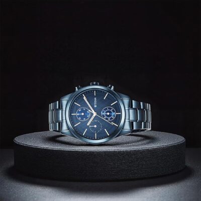 Titan Neo Splash Quartz Multifunction Midnight Blue Dial Metallic Blue Stainless Steel Strap Watch for Men - NT1805QM01