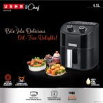 USHA Ichef Air Fryer 4.5L, 10 In 1 Functions: Air Frying, Baking, Roasting, Grilling, Thawing, Slow, Toasting And Air Drying |Turbo Air Circulation|Oil Free Cooking (Black), 1350 Watts