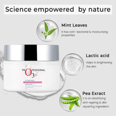 O3+ D-TAN Professional Face Pack | Instant Tan Removal & Glowing Skin | With Lactic Acid, Pea & Mint Extracts | 50g
