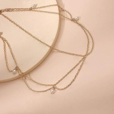 1 Pcs Premium Gold Head Chain Pearl Pendant Hair Piece Bead Gorgeous Hair Chain Elegant Head Piece Charming Wedding Prom Bridal Jewelry Accessories for Women.