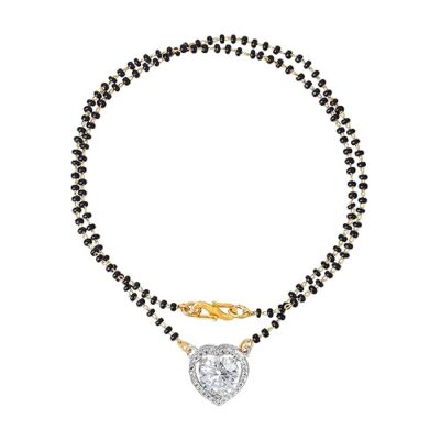 Fashion Jewelry Mangalsutra Necklace for Women: Gold & Rhodium Plated Shining White Crystals Adorned Heart Pendant Black Beads Mangalsutra Necklace for Women-OSAKMS014-2TNWE NK