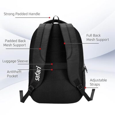 Safari Saga 37L Laptop Backpack, 3 Compartments, Organizer, Bottle Holder, Front Pocket, Office Bag, School Bag for Boys and Girls, College Bag, Travel Bag for Men and Women