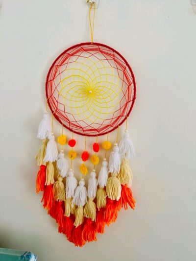 M/S Rakhi Handicraft 8-Inch Handmade Tassel Dream Catcher Wall Decoration – 35.5cm x 71cm (14" x 28") – Orange & White