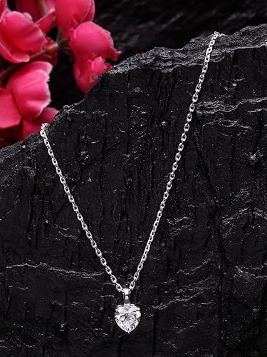 92.5 Sterling Silver White Gold Plated Heart Solitaire Pendant Chain Necklace | Gift for Women & Girls
