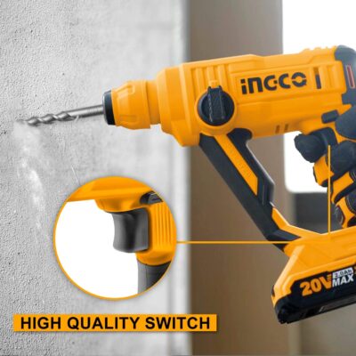 Ingco Cordless Rotary Hammer, 20V Lithium-Ion Hammer Drill for Home Use, 5100 BPM, 2 Mode Operation, 1.5J, Rotary Hammer With SDS-plus Drill Bits (Tool Only)