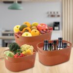 JOYO Filo Oval Virgin Plastic Basket Organizer, Multipurpose Use for Groceries Fruits Vegetables, Toys, Utility, Stationary (Set of 3)(Almond)