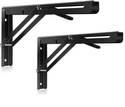12 Inch (30cm) Folding Shelf Brackets – Heavy Duty Wall Mount Black Metal Braces (Set of 2)