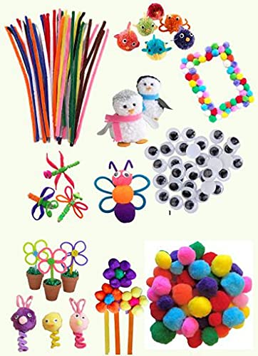 KaNa Multipurpose Pom Pom Craft Kit | 100 Pipe Cleaners + 100 Multicolor Pom Poms + 100 Googly Eyes | Arts & Crafts Supplies for Kids & Adults