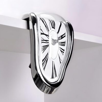 Melting Clock for Desk Shelf Home Decor Office Melted Design Decorative Wall Clock - 4.5" W x 7" H - Silver - Analog Roman Numberics