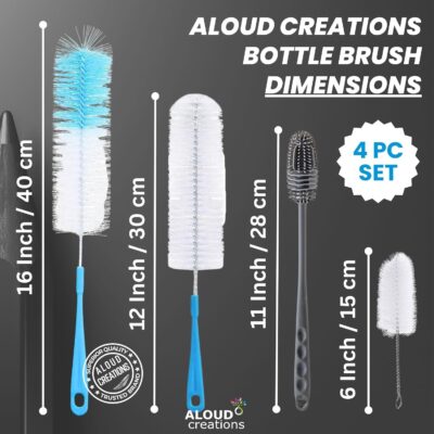 ALOUD CREATIONS 4Pc Combo Long Handle Silicone Bottle Cleaning Brushes – For Water Bottles, Baby Bottles, Glassware, Vases & Containers
