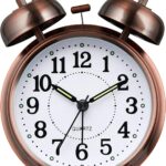 Kadio Loud Alarm Clock for Heavy Sleeper, 4 Inches Twin Bell Battery Operated Metal Alarm Clocks with Night Light for Bedrooms, Retro Analog Alarm Clock for Adults, Silent Non-Ticking (Red Brown)