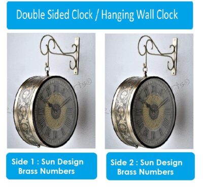 Handcrafted Double Side Clock/Brass Finish/Artisitic Sun Design German Silver and Brass Numbers/ 6509-12-BW2