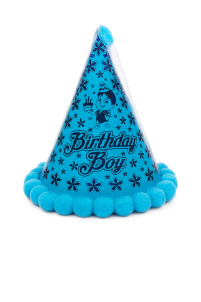 Birthday Girl Party Hat | Blue Cone Hat with Pom-Poms | Birthday Celebration Accessory
