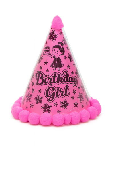 Birthday Girl Party Hat | Pink Cone Hat with Pom-Poms | Birthday Celebration Accessory