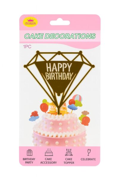 Diamond-Shaped Happy Birthday Cake Topper | Golden Acrylic Cake Decoration | 1 Pc