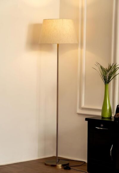 Woodies & Whimsy Metal Floor Lamp Standing Modern Lamp Shade for Living Room Corner, Home, Hotel, Office | 4 Ft Height with 12 Inch Shade | LED Bulb Included (Gold)