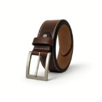 TASMIYAH Men’s Genuine Leather Belt | Classic Brown with Contrast Stitching & Brushed Metal Buckle